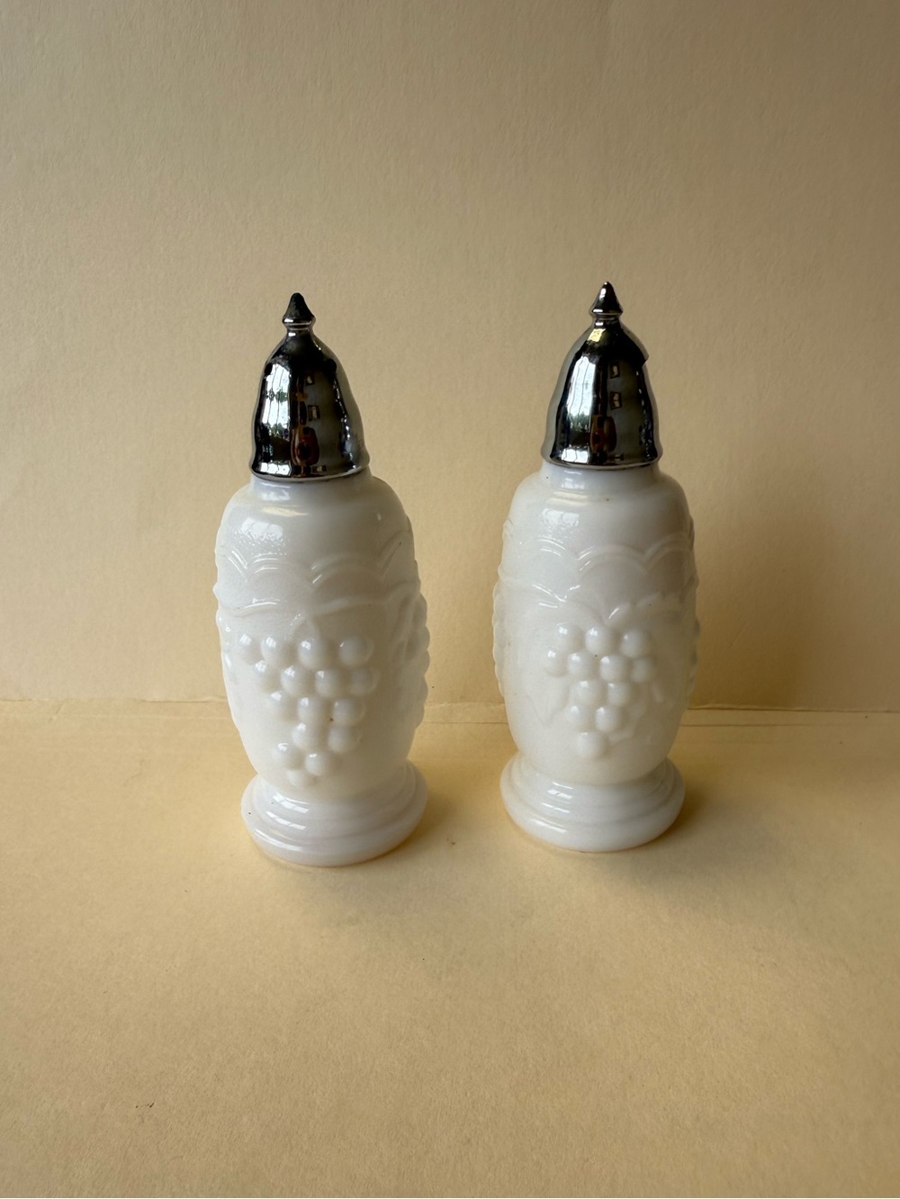 Vintage Imperial Glass Milk Glass Grape & Vine  Pattern Salt and Pepper Shakers